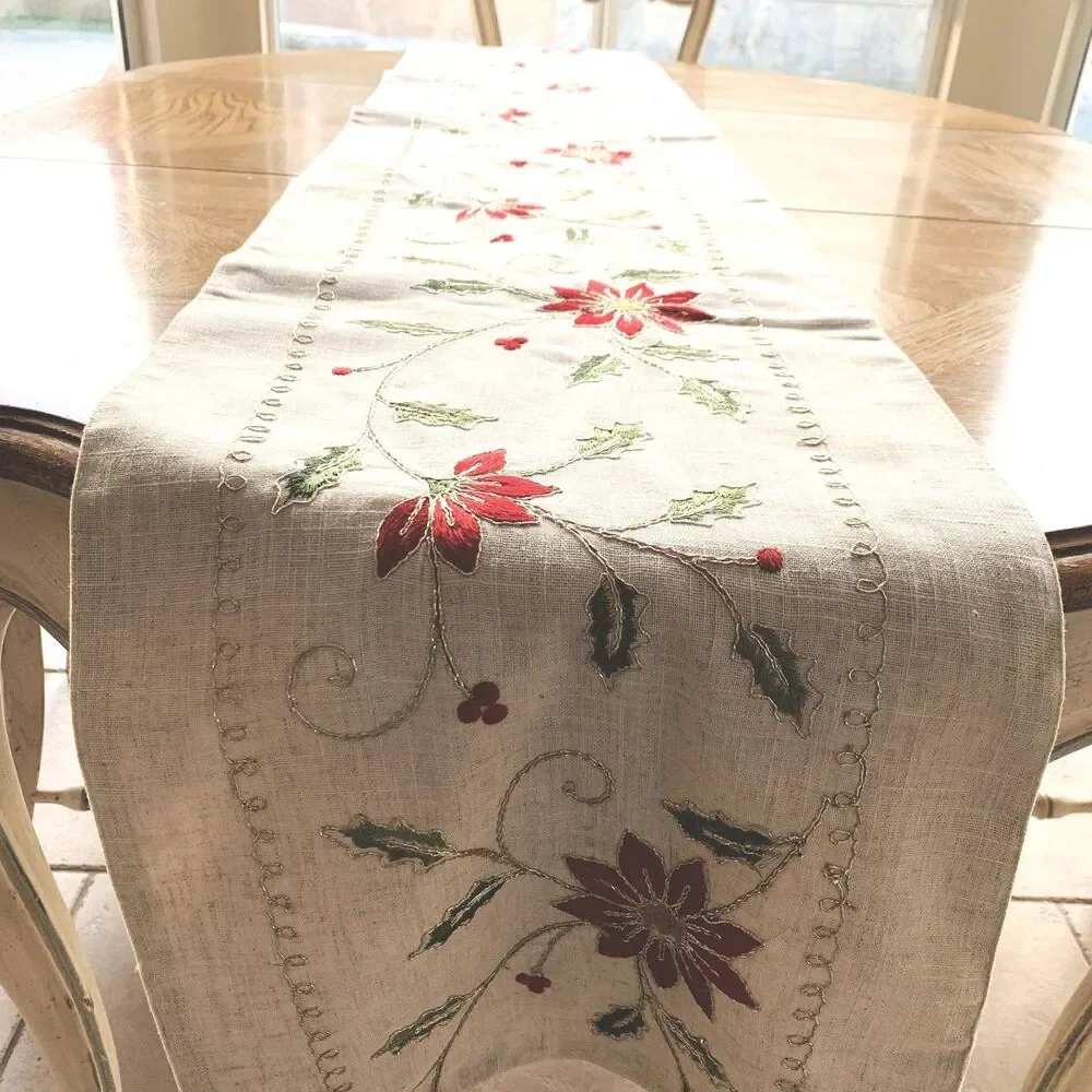Embroidered Holiday Table Runner 90” | Gold Thread Poinsettias on Linen Blend |